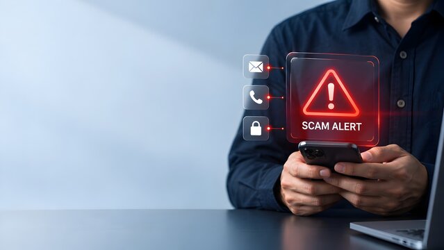 Man holding smartphone receiving scam alert warning notification on digital holographic interface