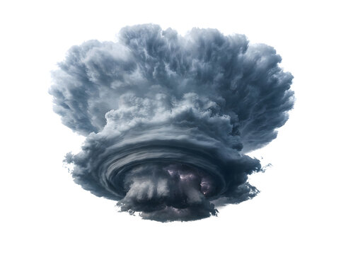 Dramatic storm cloud formation with swirling dark center isolated against white background