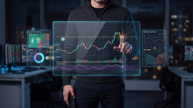 A trader analyzes the stock market to buy and sell shares. The concept of investment portfolio diversification and stock exchanges.