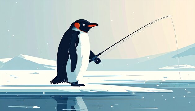 Cute penguin character ice fishing on a frozen arctic landscape with