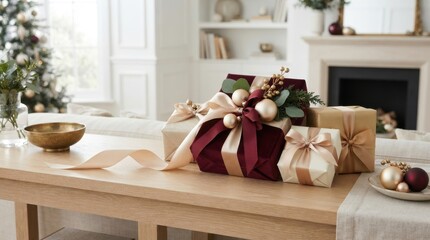 Obraz premium Elegant burgundy and gold gift boxes arranged on a wooden table for holiday celebrations