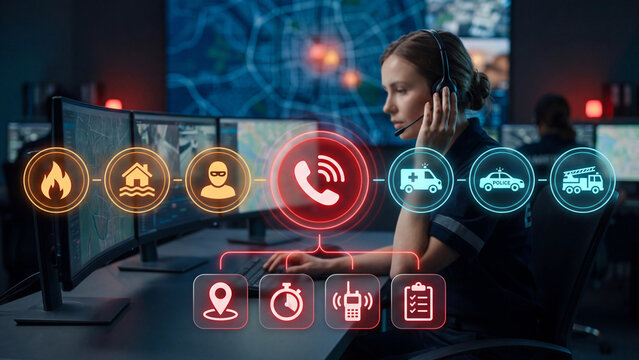 Emergency services dispatch and 911 call center operations concept with female operator, headset and futuristic rescue HUD