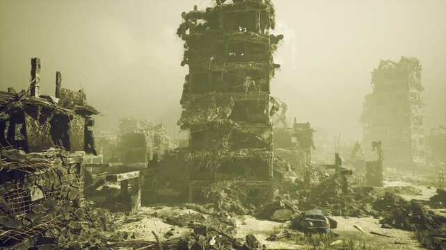 central crumbling tower surrounded by ruins, massive skeletal skyscraper rises above shattered plaza with scattered debris and scarred concrete, overcast light