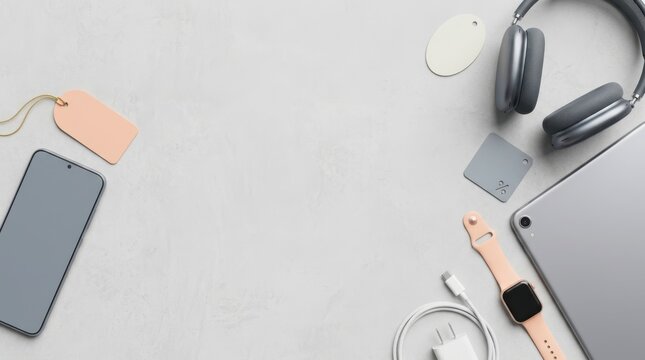 Flat lay composition of modern consumer electronics and sale tags on a light gray background