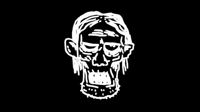 Seamless looping line boil 2D animation of scary zombie head with an open mouth on transparent alpha channel. Creepy line art monster icon for Halloween, horror themes, and dark projects.