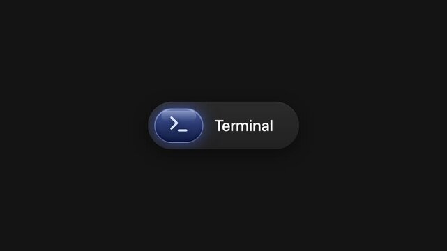 Animated terminal button with blue prompt icon user interface motion graphic on black background
