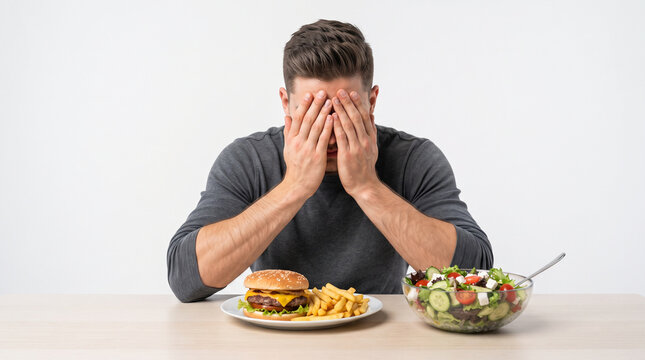Young man resisting temptation to maintain healthy diet choices covering face from junk food burger isolated on clean white background

