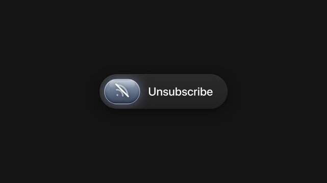 Animated unsubscribe button with blue RSS feed icon user interface motion graphic on black background