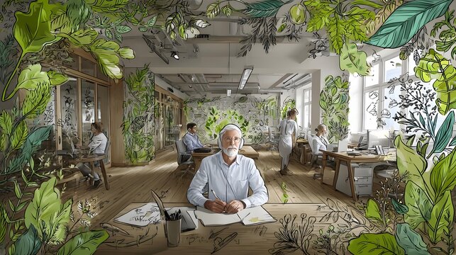developing eco-friendly technology solutions in a bright office, laptops, sketches and botanical elements on wooden desks, realistic photography