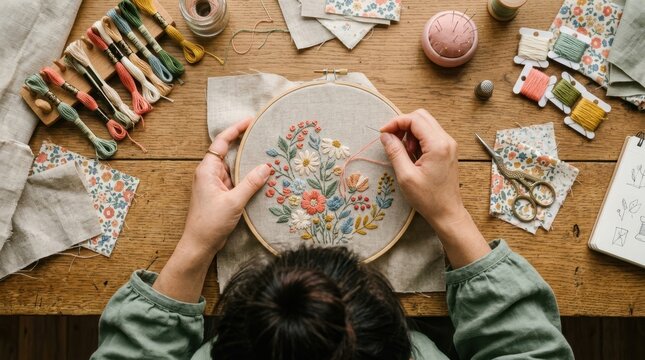Top view of a woman embroidering a colorful floral pattern on linen fabric at a wooden table