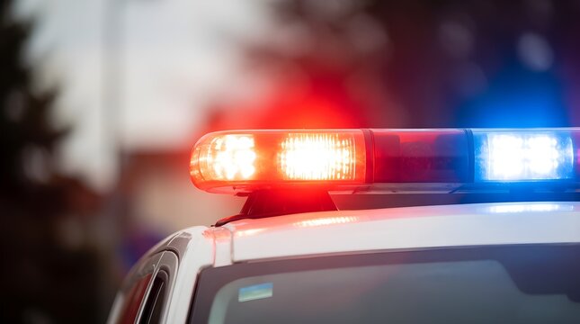 A police car roof light bar flashes vibrant red and blue emergency lights during an active outdoor response. 