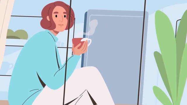 Animated woman drinking hot coffee near window holding ceramic mug in modern flat design vector footage motion clip
