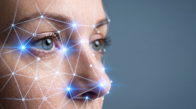 Identity face scanner biometric network. Facial recognition identification system. cyber security privacy protection safety, person access verification
