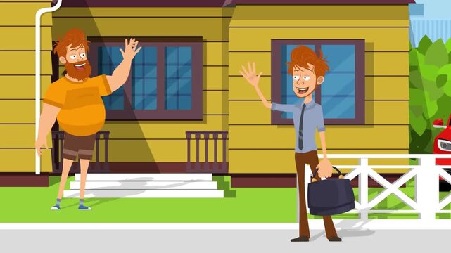 Animated neighbors waving hello to each other outside their suburban house in funny vector cartoon motion video footage