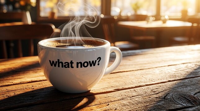 Hot steaming coffee cup with now text on white ceramic mug. Morning beverage sits on rustic wooden table in sunlit cafe. Concept of life uncertainty, pondering future, existential crisis, deep