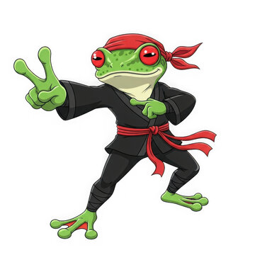Green cartoon frog character standing with arms outstretched