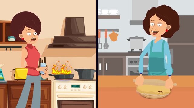 Two women cooking in kitchens comparing baking skills with funny disaster cartoon animation video footage
