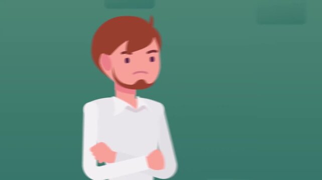Frustrated cartoon man with brown hair standing with folded arms in animated 2D motion video clip