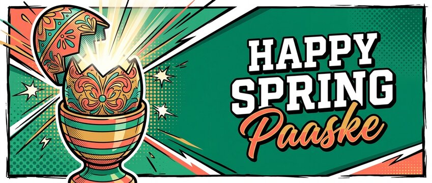 Happy Spring Easter Egg Banner in Pop Art Comic Style featuring Cracked Egg Bursting Light Rays, Vintage Halftone Retrowave Illustration Background with Paaske Typography Header for Seasonal Cards