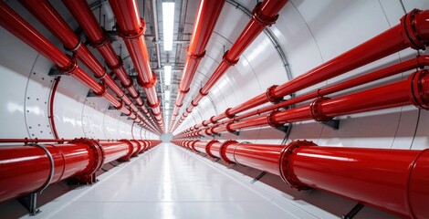 Fototapeta premium Vivid red pipes line white tunnel in modern industrial facility. Bright pipes create geometric pattern inside clean underground passage. Symmetry, perspective show engineering structure for water gas