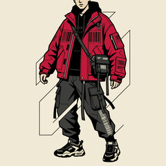 Fototapeta premium Stylish Anime Character in Red Jacket and Cargo Pants
