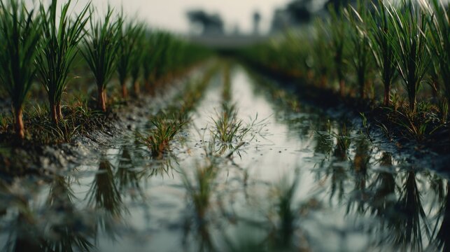 Rows of Young Paddy Seedlings Growing in a Flooded Agricultural Field