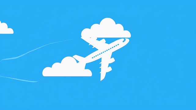 White airplane silhouette flying through clouds in a clear blue sky, minimalist vector illustration representing air travel and aviation journey