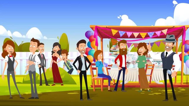Animated cartoon video footage featuring happy friends gathering together outdoors in a sunny park setting