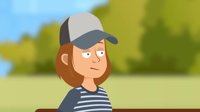 Animated cartoon characters talking together while sitting on a wooden park bench in sunny day video footage