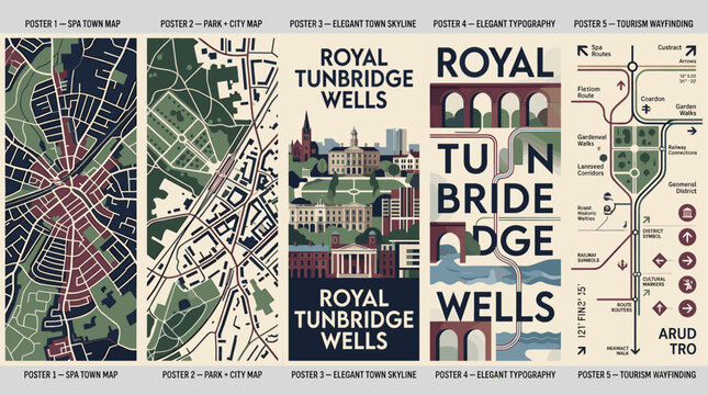Vintage Royal Tunbridge Wells Town Map, Skyline, and Travel Poster Vector Set