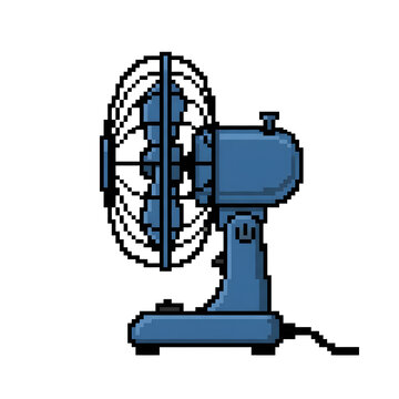 Retro 8-bit pixel art animation of a blue electric table fan blowing air for cooling during summer season in a home setting