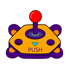 Vintage arcade joystick controller icon in yellow and purple vector design for gaming tshirt and sticker © Masjo12