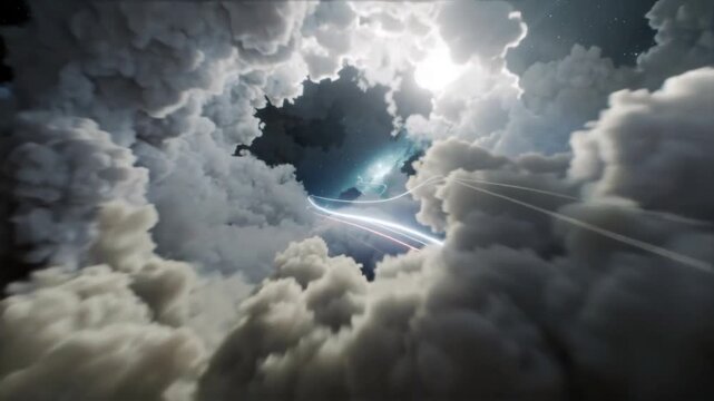 Flight through a space rift in white clouds with bright light, storm clouds seamless vj loop for weather and sky breakthrough concepts