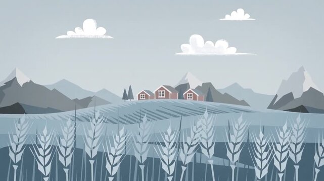 Animated vector landscape illustration featuring rural houses, mountains, clouds, and wheat fields in motion for video footage