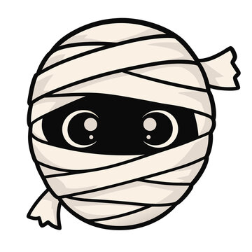Cute cartoon mummy head with kawaii eyes, wrapped bandage Halloween monster character sticker icon vector