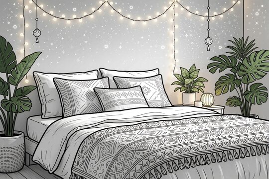 Cozy bedroom interior illustration with boho style decor. Bed features patterned pillows, textured blanket. Green houseplants in pots sit near bed. String lights, hanging ornaments create warm