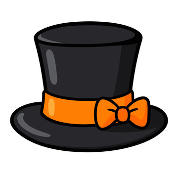 Black magician top hat with orange bow ribbon, cartoon Halloween gentleman cylinder hat sticker icon vector
