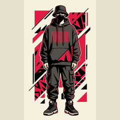Fototapeta premium Urban character with bucket hat, hoodie, cargo pants, and sneakers.