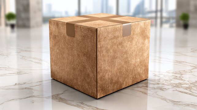 A sealed cardboard shipping box with subtle texture detail on a marble surface