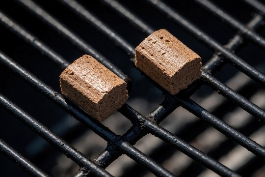 Close up view of wooden fire starter cubes on metal grill grate. Two brown eco fuel logs sit on black bbq grid for lighting charcoal coal. Preparation for outdoor cooking, picnic, backyard cookout