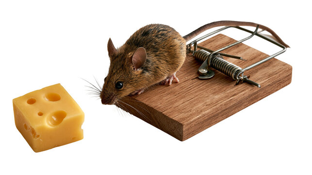 Small brown house mouse standing on a wooden spring-loaded trap near yellow cheese