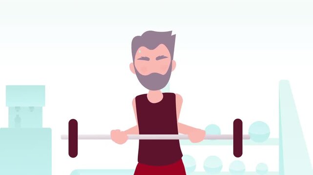 Animated bearded man lifting barbell weights inside gym workout fitness scene vector graphic motion footage