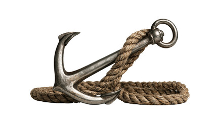 Vintage metal ship anchor wrapped with thick brown nautical rope © Matthias