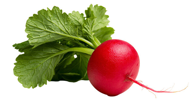 Fresh red radish with vibrant green leaves and thin root