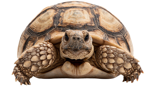 Front view of a brown African spurred tortoise with a textured patterned shell