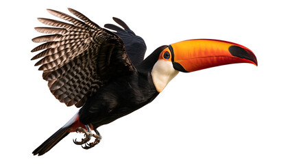 Flying Toco Toucan with vibrant orange beak and black plumage in mid-air © Matthias