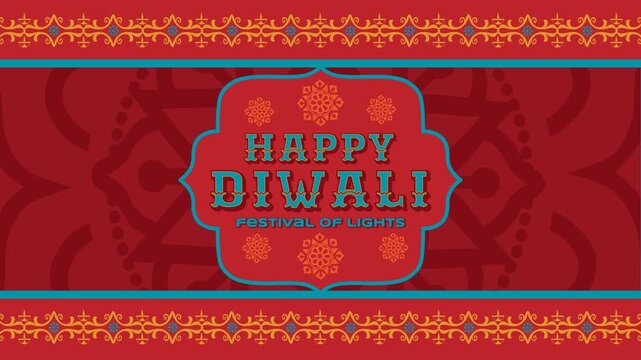 Red Vintage Diwali Greeting. 4K loop featuring cyan vintage typography 'HAPPY DIWALI' in an ornate badge frame on a red background. Ideal for retro festival video intros, and digital greetings.