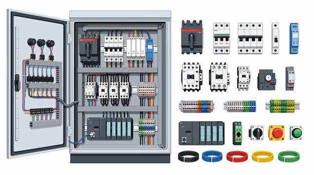 Industrial electrical panel with circuit breakers and components layout