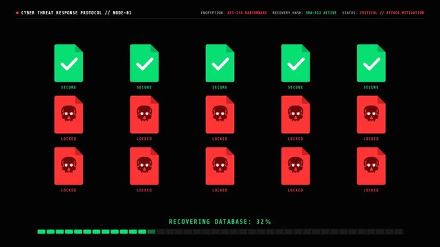 Cybersecurity interface recovering encrypted database files from malware. 4K Video