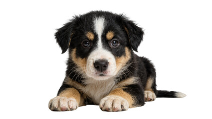 Tricolor Bernese Mountain Dog puppy lying down, isolated on transparent background © iPNG